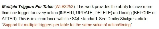 MySQL5.7 支持一个表有多个INSERT/DELETE/UPDATE触发器