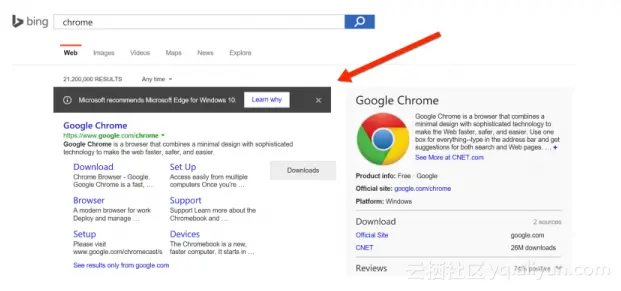 在必应搜索 Chrome 或 Firefox，会被推荐 Edge