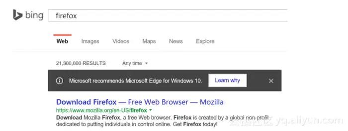 在必应搜索 Chrome 或 Firefox，会被推荐 Edge