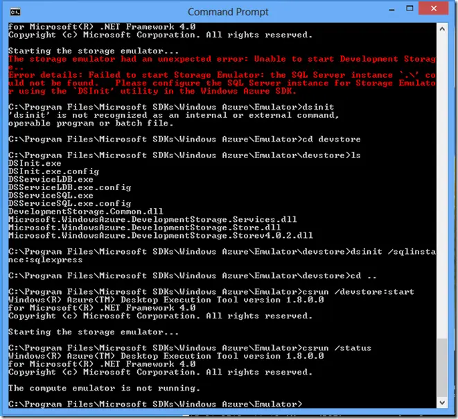 解决Azure “Failed to start Storage Emulator: the SQL Server instance `.\' could not be found.”